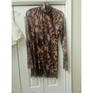 Runaway the Label Brown Tie Dye Mesh Mini Dress Long Sleeve Turtleneck US 6 M